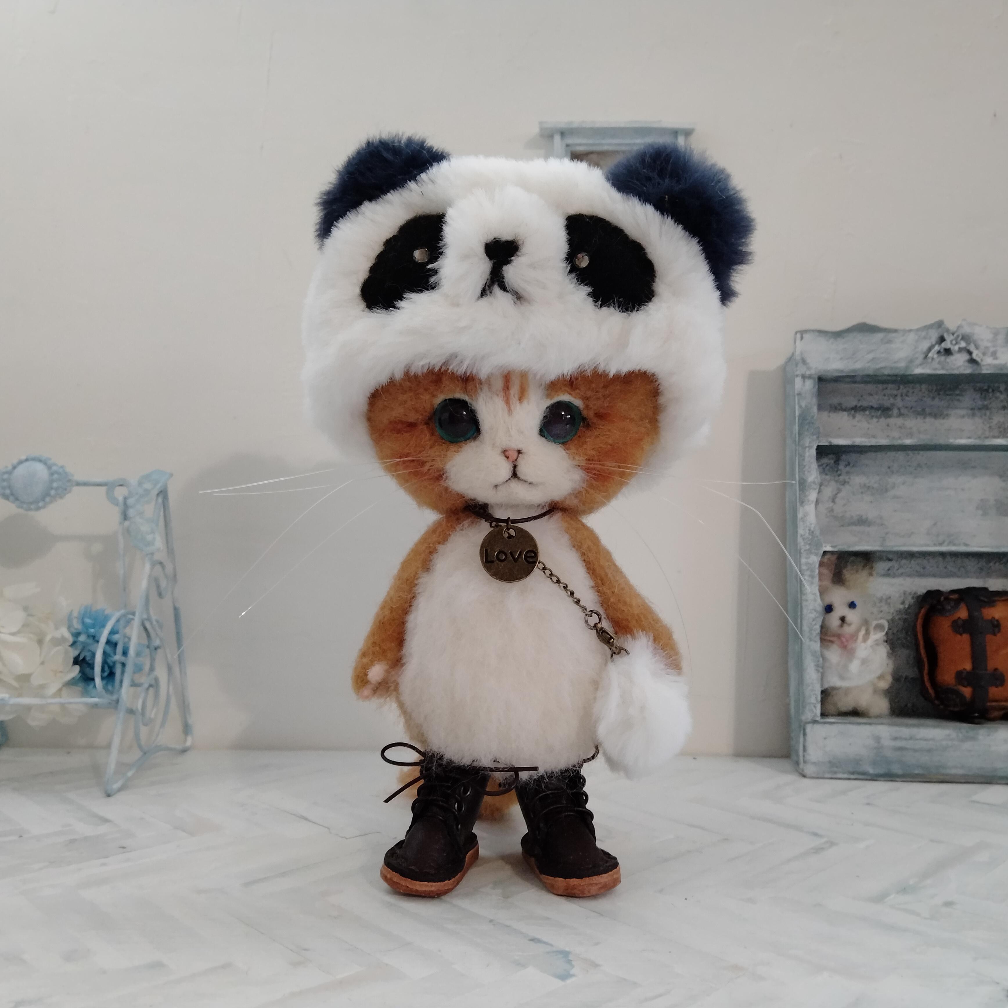 ハンドメイド★羊毛フェルト　夏　ネコ　うちわ　サンダル　麦わら帽子