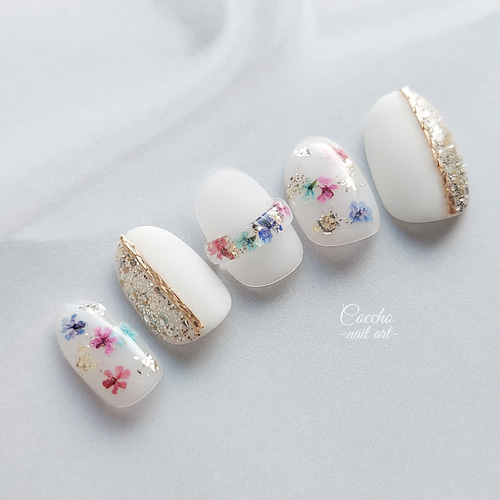 No.38 ジェルネイル 押し花 カラフル ドライフラワー リング ネイル