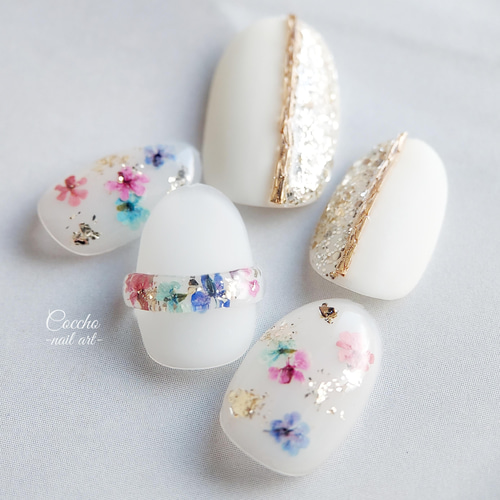 No.38 ジェルネイル 押し花 カラフル ドライフラワー リング ネイル