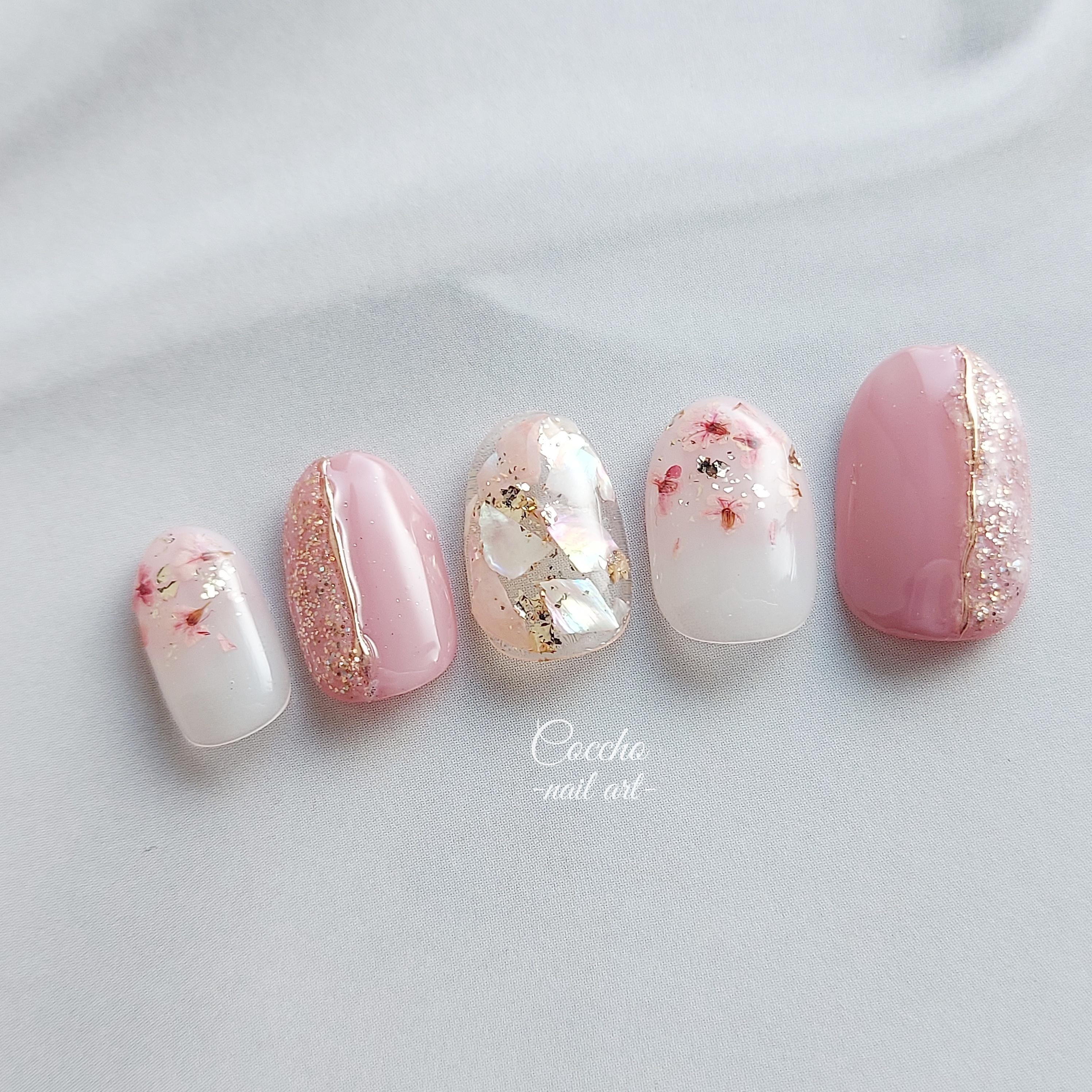 No.39 ジェルネイル 桜 ピンク シェル 押し花 ドライフラワー 春