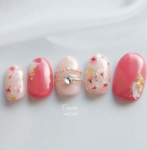 No.41 ジェルネイル ピンク 赤 レッド 押し花 春 ドライフラワー 
