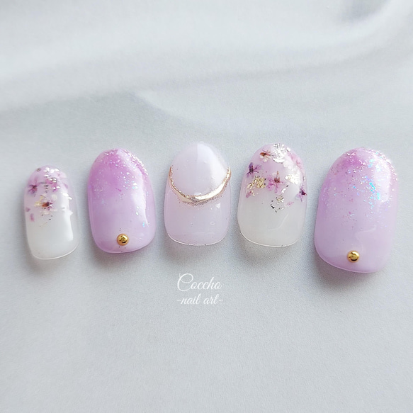 No.42 ジェルネイル 藤 パープル ラベンダー 紫 グラデーション 押し花