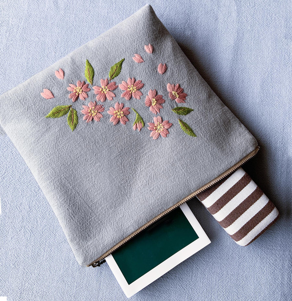 《手刺繍のポーチ》桜（あづみ野木綿） 4枚目の画像