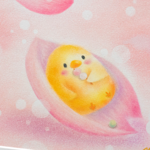パステルひよこ春仕様❤ 原画】「花見と団子を楽しむぐうたらヒヨコ」 桜 ピンク パステル