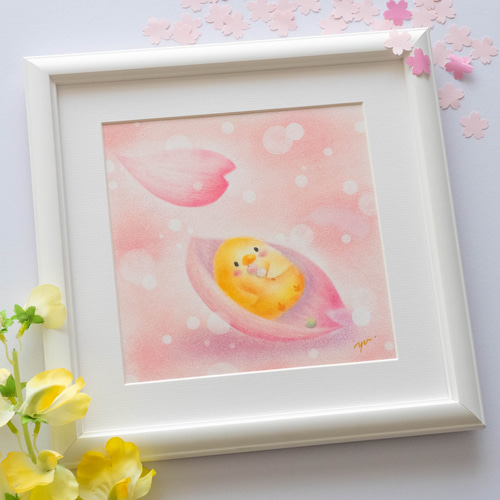 原画】「花見と団子を楽しむぐうたらヒヨコ」 桜 ピンク パステル