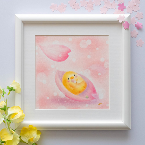 パステルひよこ春仕様❤ 原画】「花見と団子を楽しむぐうたらヒヨコ」 桜 ピンク パステル