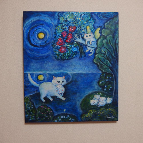 再入荷！】 絵画。原画【かわいい白い猫が夜に梯子を登って光る