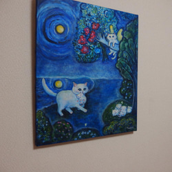 原画 「月夜の白猫ファミリー」 F10号 ＃絵画 ＃ねこ ＃子猫 ＃猫の絵 ＃白猫 ＃天使猫 ＃月夜 ＃花束 ＃art 2枚目の画像