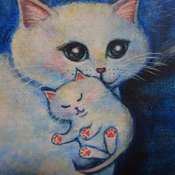 原画 「月夜の白猫ファミリー」 F10号 ＃絵画 ＃ねこ ＃子猫 ＃猫の絵 ＃白猫 ＃天使猫 ＃月夜 ＃花束 ＃art 4枚目の画像