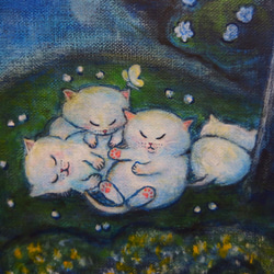 原画 「月夜の白猫ファミリー」 F10号 ＃絵画 ＃ねこ ＃子猫 ＃猫の絵 ＃白猫 ＃天使猫 ＃月夜 ＃花束 ＃art 9枚目の画像