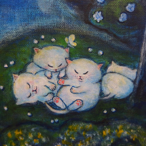 【2024年最新】海外限定の人気アイテム F10号 「月夜の白猫ファミリー」 原画 ＃絵画 ＃子猫 ＃ねこ 絵画+タペストリー