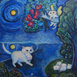 原画 「月夜の白猫ファミリー」 F10号 ＃絵画 ＃ねこ ＃子猫 ＃猫の絵 ＃白猫 ＃天使猫 ＃月夜 ＃花束 ＃art 1枚目の画像