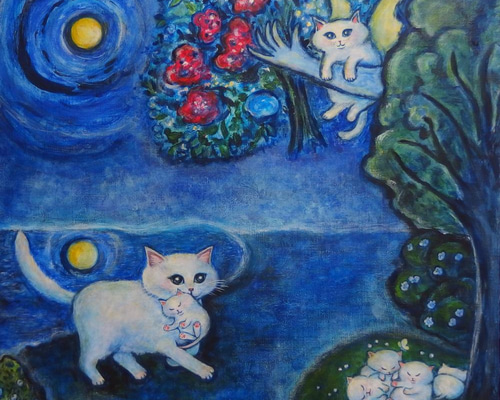 絵画 油絵 F4-040214 白猫の親子 どこ行くの？”