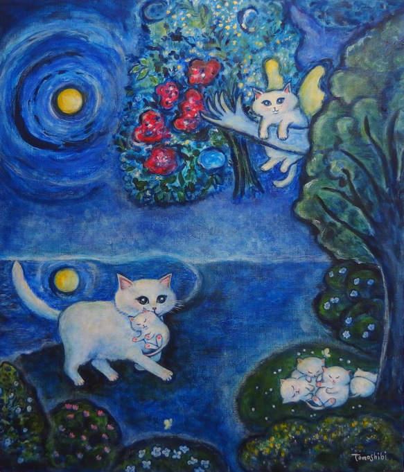 原画 「月夜の白猫ファミリー」 F10号 ＃絵画 ＃ねこ ＃子猫 ＃猫の絵 ＃白猫 ＃天使猫 ＃月夜 ＃花束 ＃art 1枚目の画像