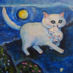 原画 「月夜の白猫ファミリー」 F10号 ＃絵画 ＃ねこ ＃子猫 ＃猫の絵 ＃白猫 ＃天使猫 ＃月夜 ＃花束 ＃art 3枚目の画像
