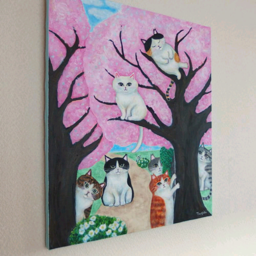 原画「仲良しさくらねこのいる桜咲く丘」 F10号 #絵画 #ねこ