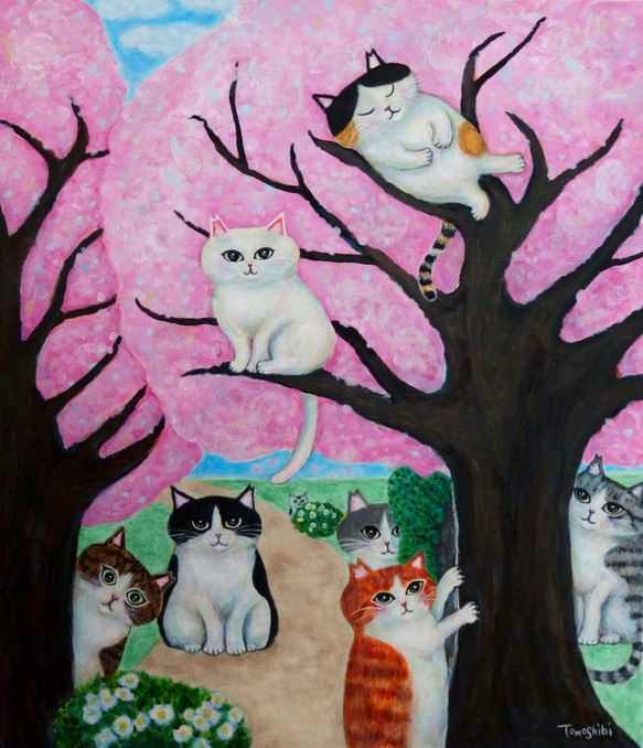 原画 「さくらねこの集まる桜の木」 F10号 #絵画 #ねこ #桜猫