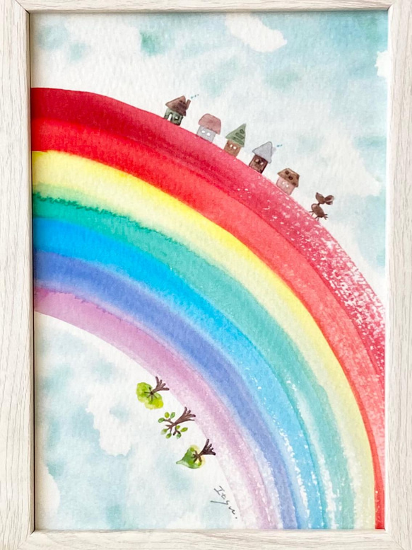 透明水彩画「幸せの虹の街」A4ポスター　イラスト　イラストポスター　レインボー　家　ナチュラルインテリア 2枚目の画像