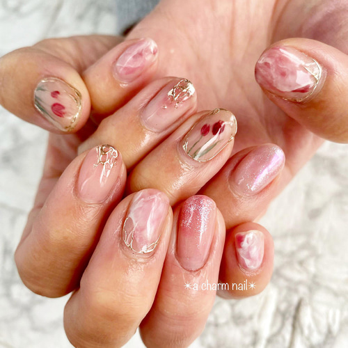 ✴︎ニュアンスネイル✴︎ ピンク チューリップ ミラー 春ネイル 卒業