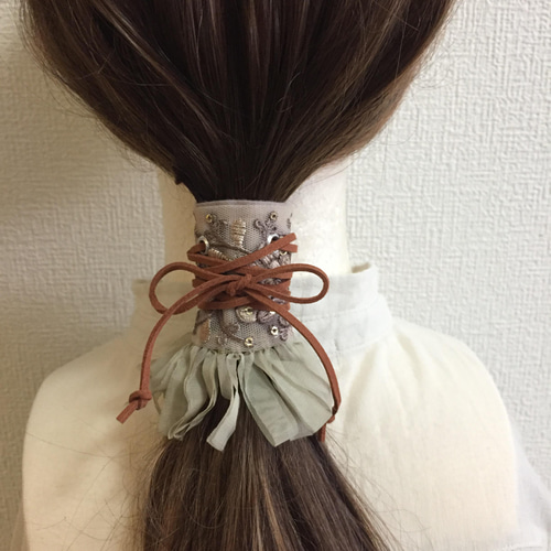 インド刺繍 リボン ポニーフック ラップリボン リボンラップ ブラウン