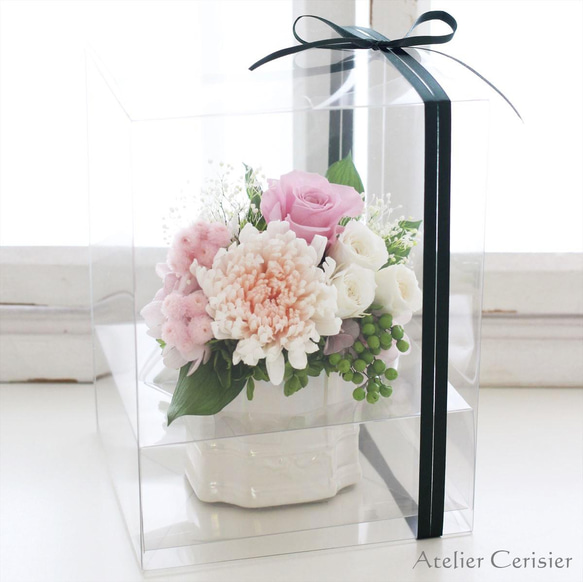 プリザーブドフラワー＜エクラン Sサイズ＞ピンク ホワイト 菊 ローズ 【仏花 お供え花】 5枚目の画像