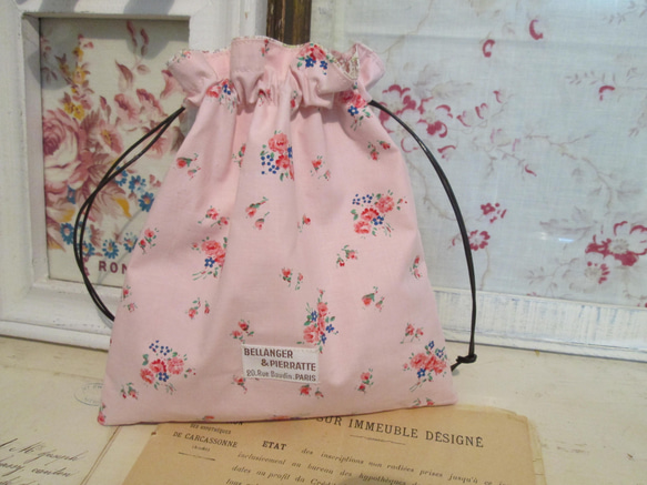 フレンチピンク小花ブーケアンティークコットンの小さな巾着ポーチ 8枚目の画像