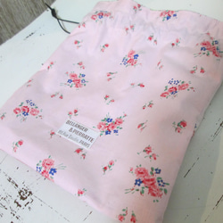 フレンチピンク小花ブーケアンティークコットンの小さな巾着ポーチ 2枚目の画像
