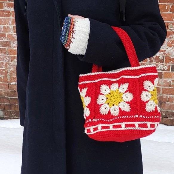 【みどり】モチーフ編み　バッグ　ギンガムチェック　バケツバッグ　巾着バッグ　ニットバッグ　レトロ 6枚目の画像