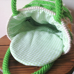 【みどり】モチーフ編み　バッグ　ギンガムチェック　バケツバッグ　巾着バッグ　ニットバッグ　レトロ 4枚目の画像