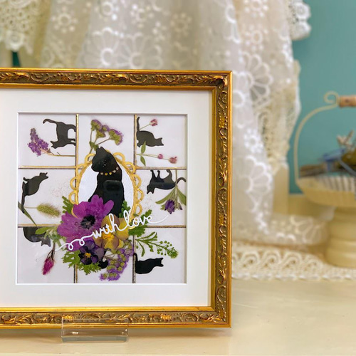気品あふれる黒猫さんの押し花アート額 その他アート 神戸六甲 気品あふれる黒猫さんの押し花アート額 その他アート 神戸六甲