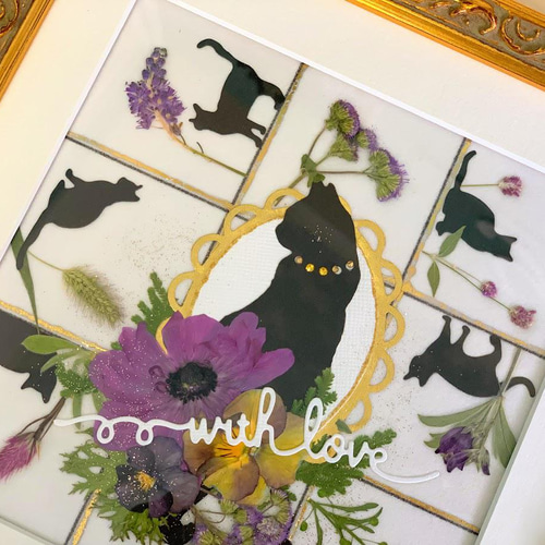気品あふれる黒猫さんの押し花アート額 その他アート 神戸六甲 優花  