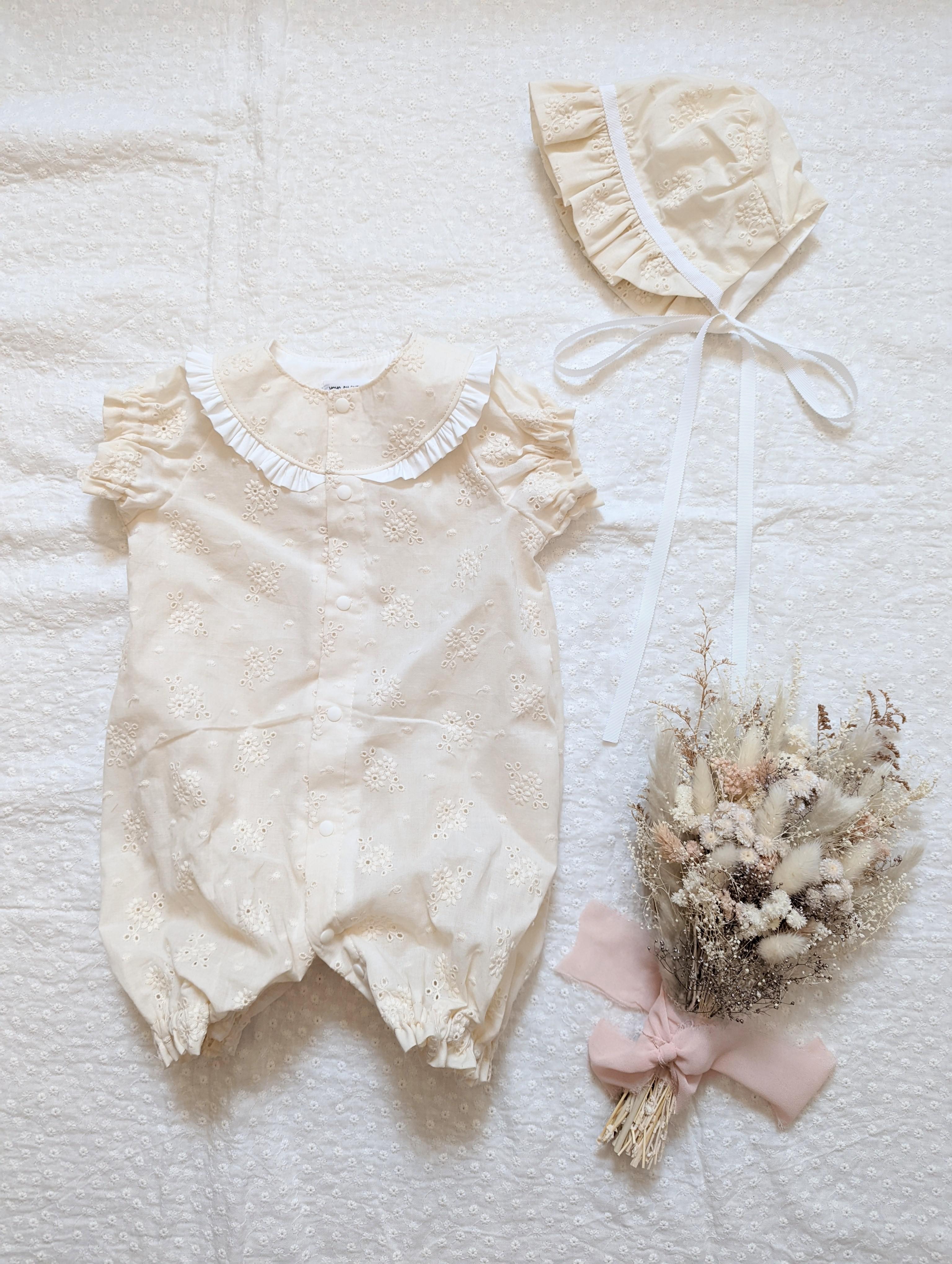 【再販9】花柄刺繍コットン 半袖2wayオール