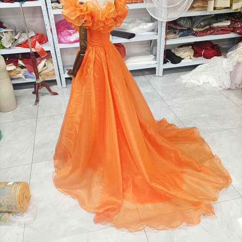 カラードレス オレンジ 結婚式 オフショルダー 2次会 人気 前撮り