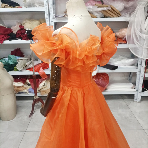 カラードレス オレンジ 結婚式 オフショルダー 2次会 人気 前撮り  