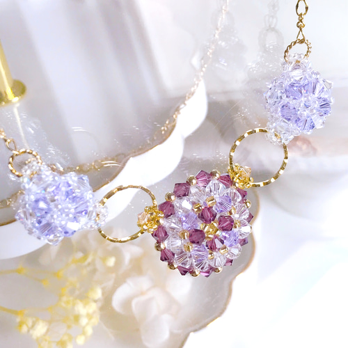 ネックレス&イヤリングのセット④ パープルビーズ シルバーメッキ