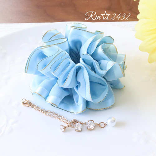 シュシュ2個 ポリ羽二重 ハンドメイド やや緑がかったブルー