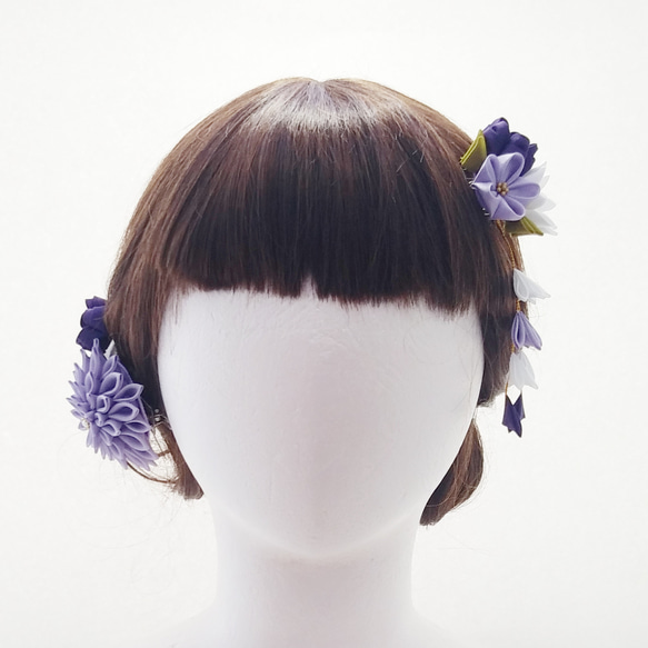 つまみ細工髪飾り　絹ダリアと3つの小花のクリップ　薄紫　成人式　七五三　卒業式 6枚目の画像