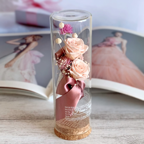 ピンクのバラのボトルフラワー /  花言葉入り 幸福 しとやか 感謝  / 置物 ガラス瓶 誕生日 結婚祝 5枚目の画像