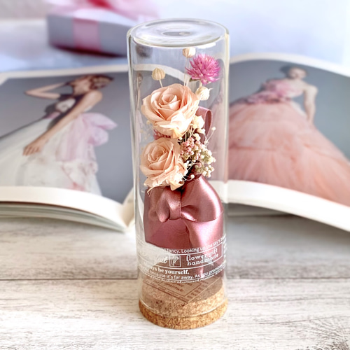 バラ装飾のガラスボトル ピンクのバラのボトルフラワー / 花言葉 幸福 上品 しとやか 感謝