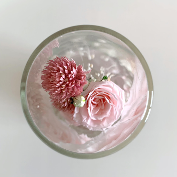 ピンクのバラのボトルフラワー /  花言葉入り 幸福 しとやか 感謝  / 置物 ガラス瓶 誕生日 結婚祝 7枚目の画像