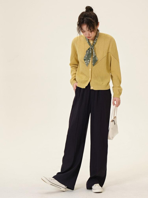 鏤空透氣棉麻針織開衫-姜黄色|針織衫|三色|春夏款|Sora-910 第14張的照片