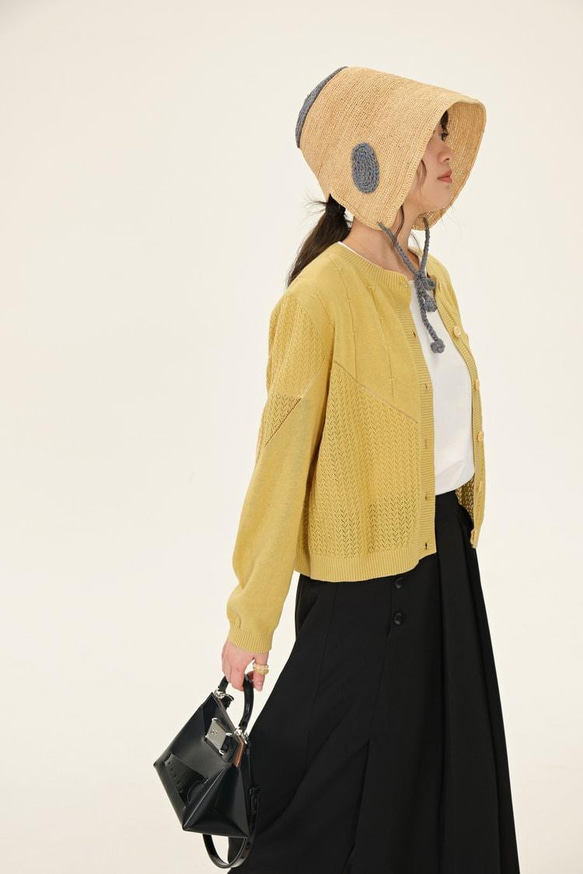 鏤空透氣棉麻針織開衫-姜黄色|針織衫|三色|春夏款|Sora-910 第11張的照片