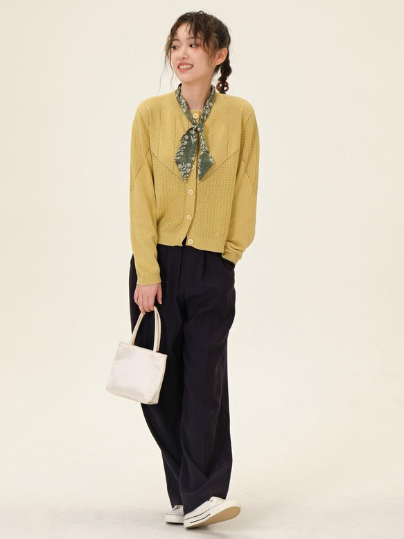 鏤空透氣棉麻針織開衫-姜黄色|針織衫|三色|春夏款|Sora-910 第12張的照片