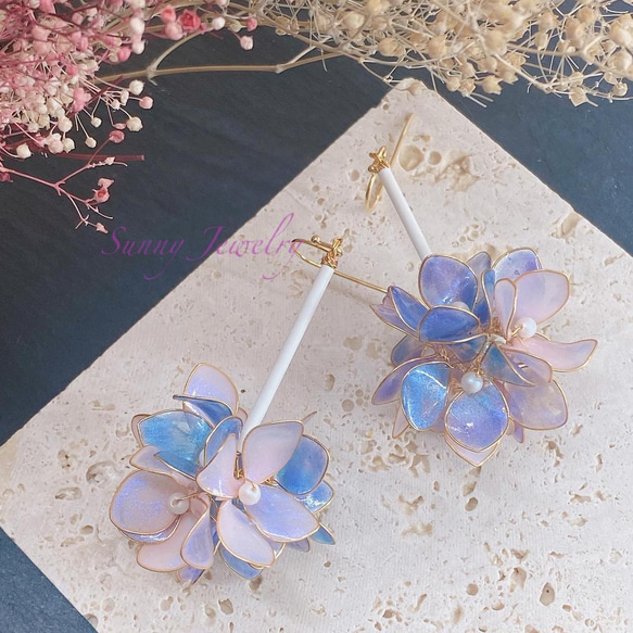 UVレジンフラワーアジサイ アジサイピアス ピンク ピンク パープル