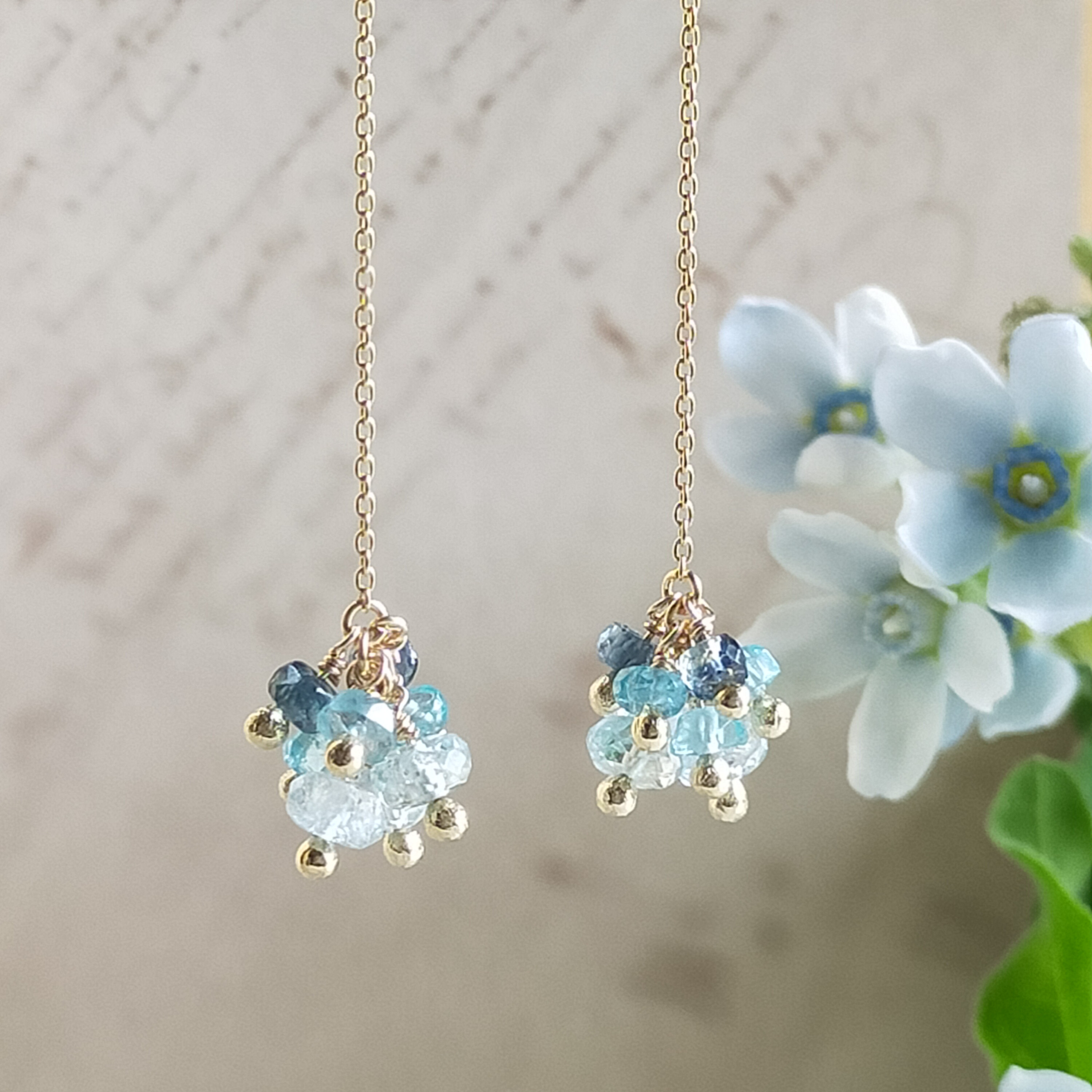 ［k18・k10］〜シャボンピアス~　ブルーサファイヤ　アクアマリン　ブルー　天然石　釈迦玉　シャカ玉　ペアシェイプ　水