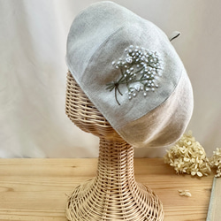 キッズ】フレンチリネンのかすみ草手刺繍 ベレー帽 春夏秋 麻 リンク