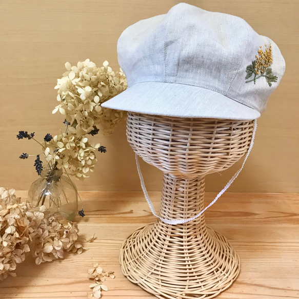 【キッズ】フレンチリネンのかすみ草手刺繍 ベレー帽　春夏秋　麻　リンクコーデ 13枚目の画像