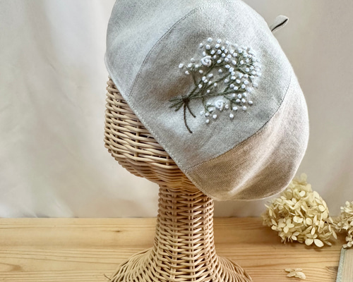 キッズ】フレンチリネンのかすみ草手刺繍 ベレー帽 春夏秋 麻 リンク