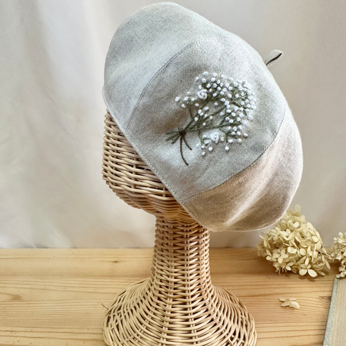 キッズ】フレンチリネンのかすみ草手刺繍 ベレー帽 春夏秋 麻 リンク