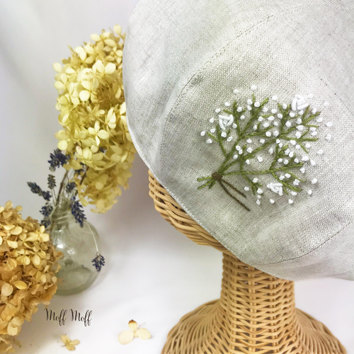 キッズ】フレンチリネンのかすみ草手刺繍 ベレー帽 春夏秋 麻 リンク
